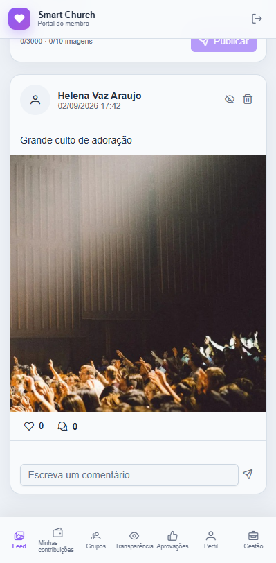 Publicação no feed da igreja com opções de curtir e comentar no Church Lite