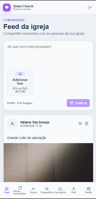 Criação de publicação com texto e imagem no feed privado do Church Lite