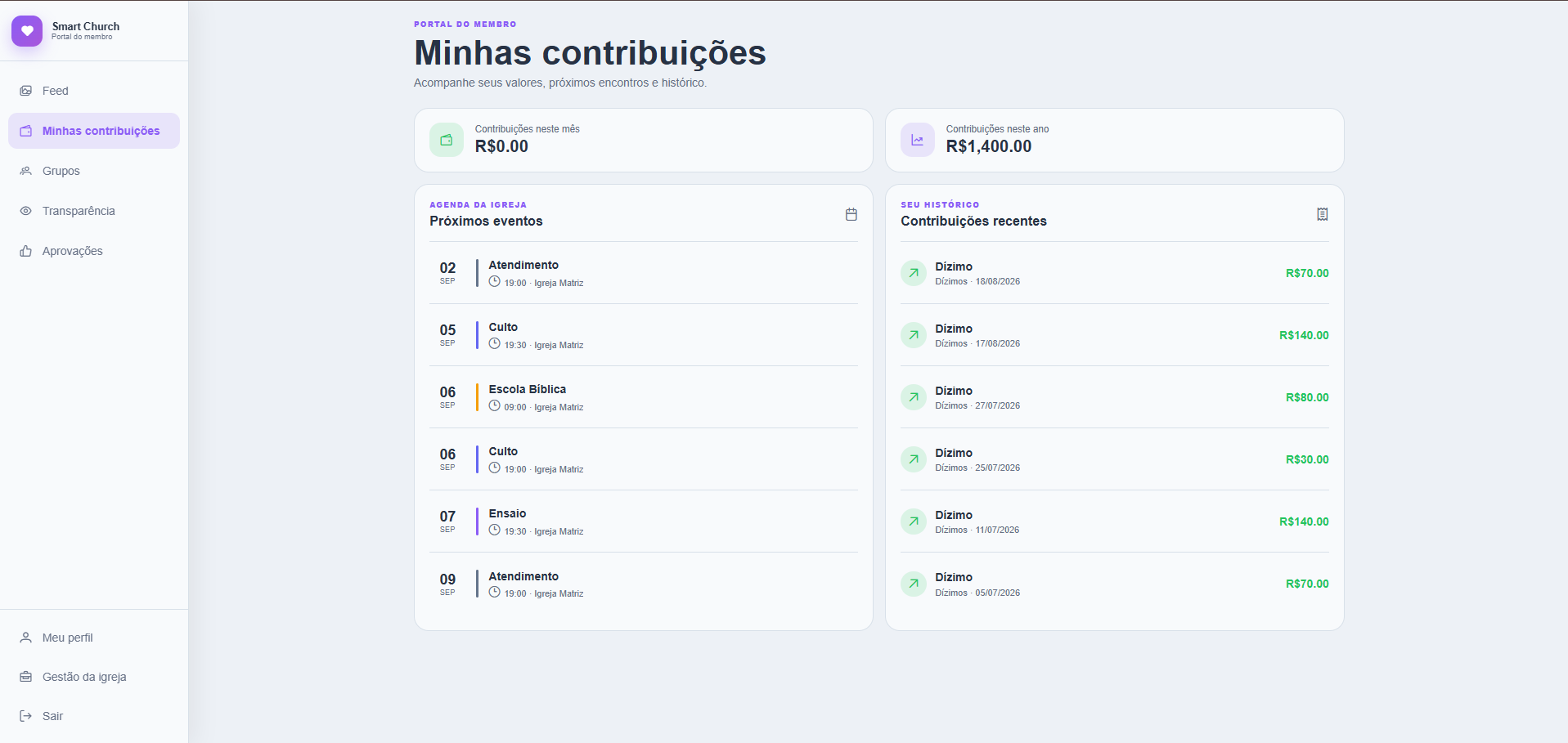 Portal do membro Church Lite com histórico de dízimos, ofertas e próximos eventos