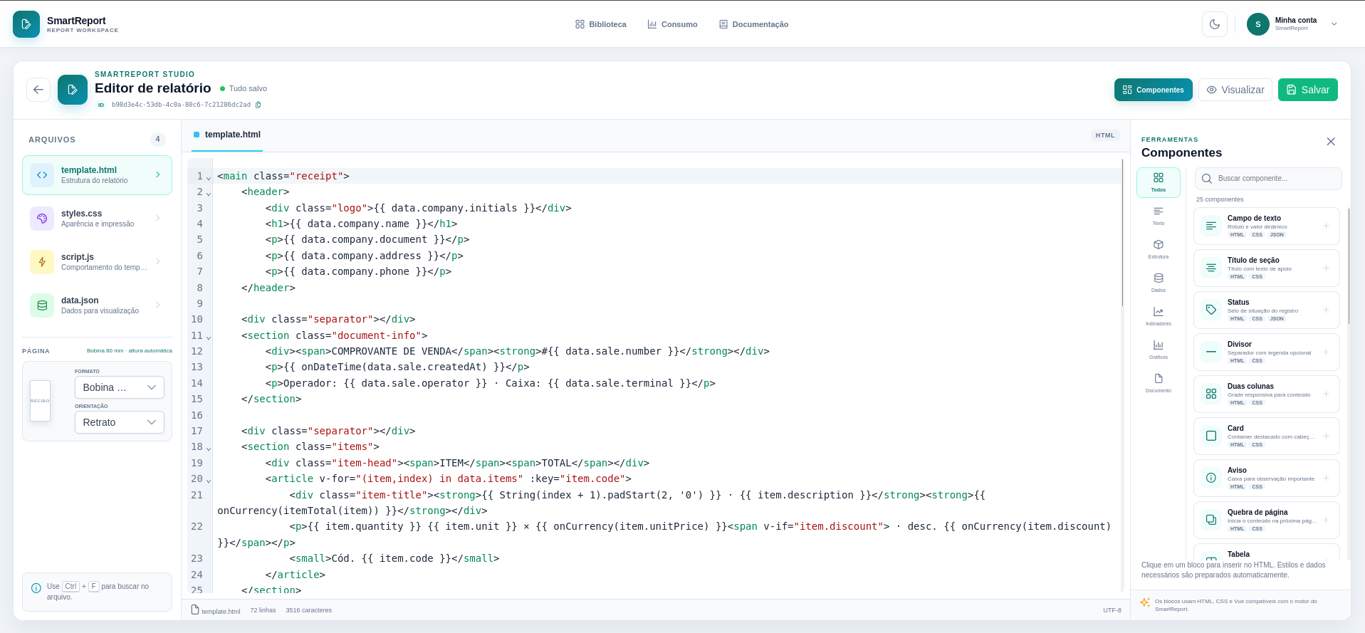 Prévia do SmartReport Studio com editor de código e componentes